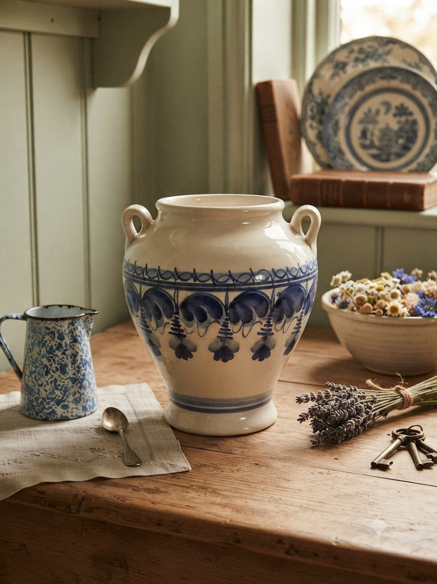 Pot ancien en faïence blanche & bleu du temps (20 cm) – Esprit Cottage
