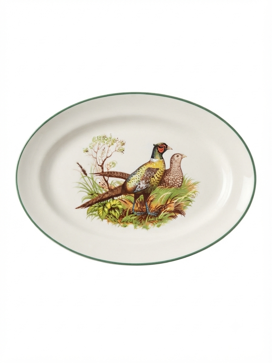 Plat de service ovale en faïence ancienne "Scène de sous-bois & faisans", art de la table cottage