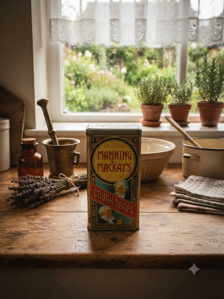 Ancienne boîte publicitaire en tôle "MANNING & MACKAY'S COUGH DROPS" - Vintage
Boîte de pastilles pour la toux Manning & Mackay's - Tôle lithographiée d'origine