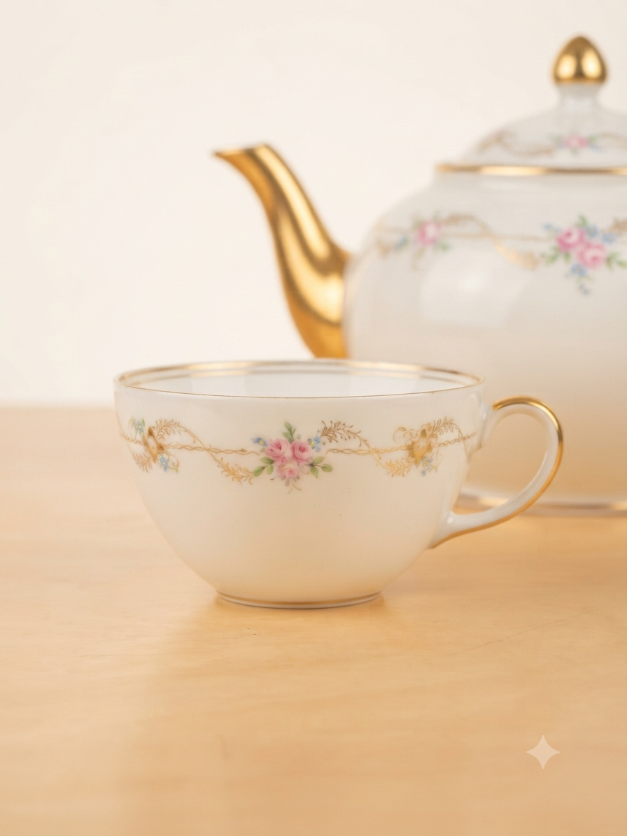 Service à thé vintage "Royal Crown Porcelain" – Rosées & Filets d'or (Théière & 2 tasses)