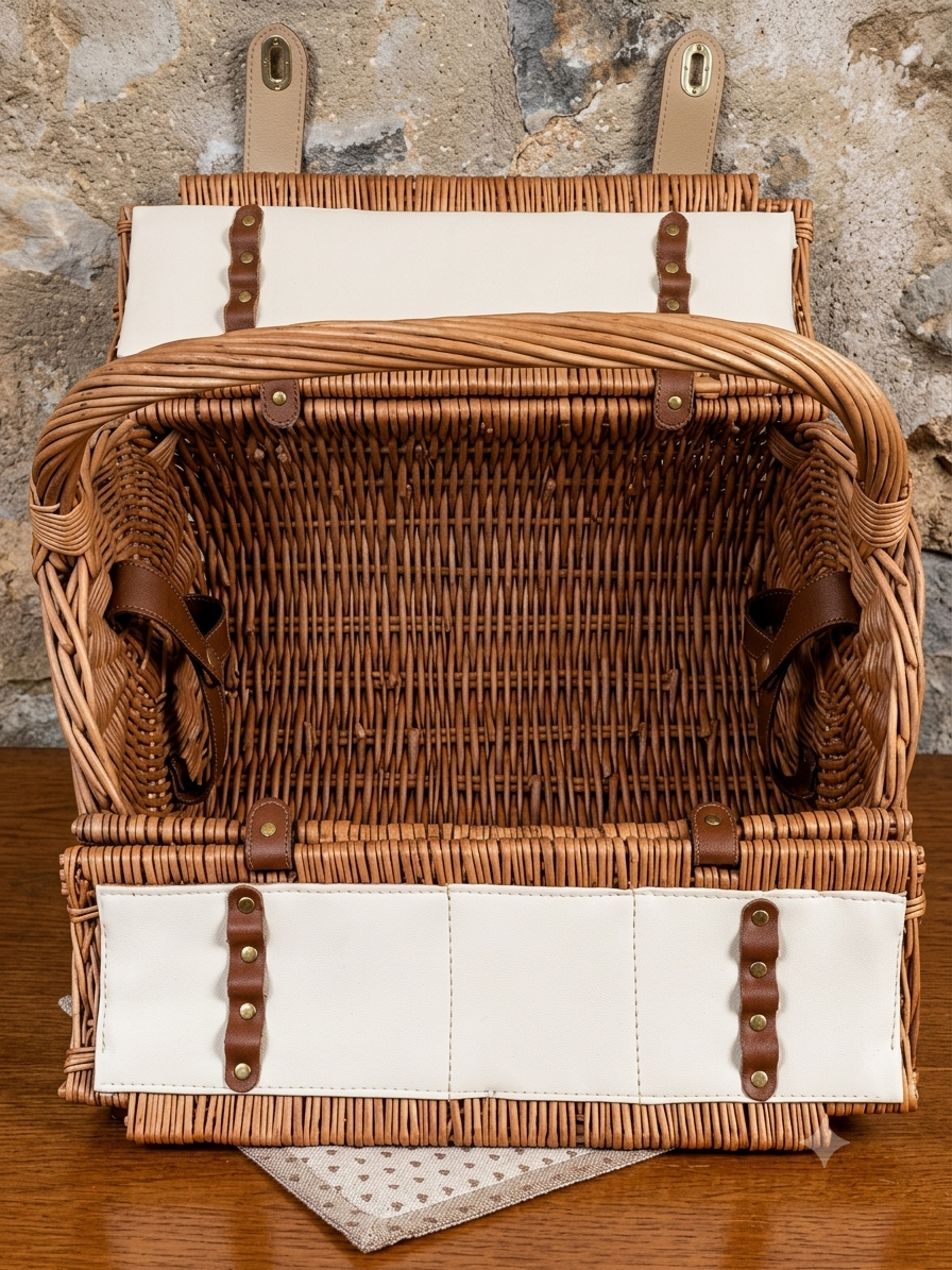 Panier de Pique-Nique Vintage en Osier et Cuir