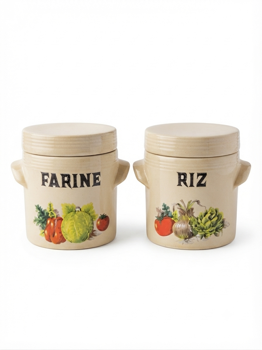 Duo de pots anciens en faïence beige « Farine & Riz » – LML France, Style Campagne
Anciens pots de conservation