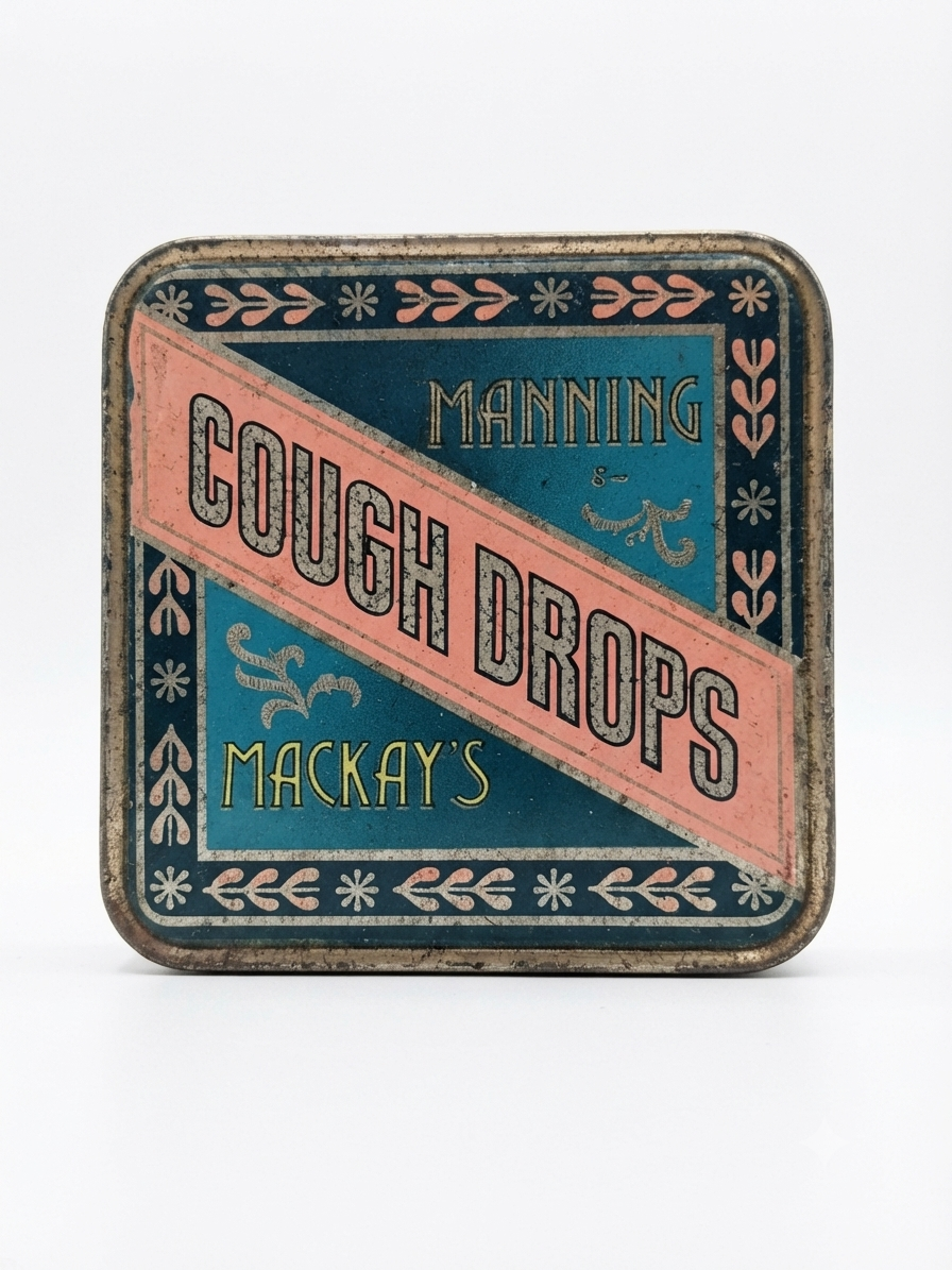 Ancienne boîte publicitaire en tôle "MANNING & MACKAY'S COUGH DROPS" - Vintage
Boîte de pastilles pour la toux Manning & Mackay's - Tôle lithographiée d'origine