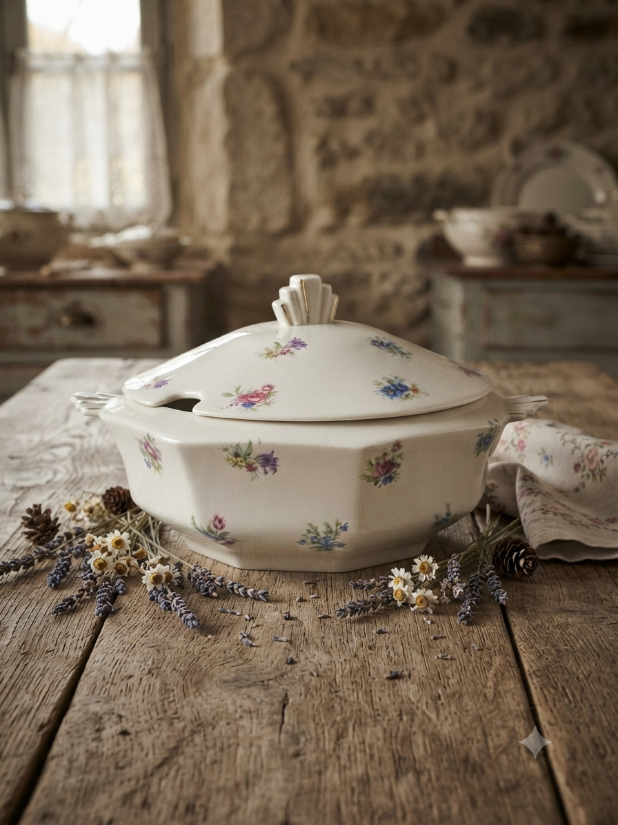 Superbe soupière / légumier vintage Limoges F.G. - Décor floral & or