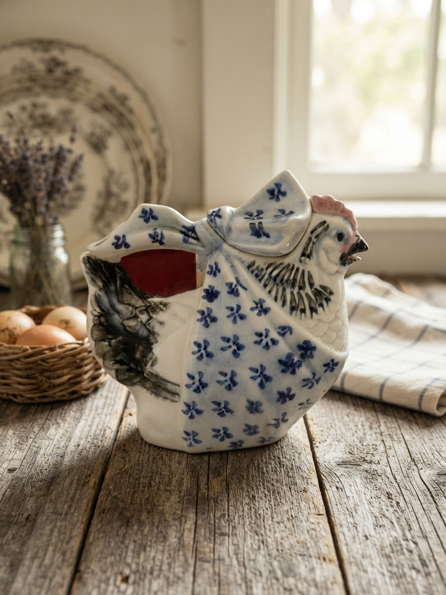 Douceur Campagne — Adorable coq/poule en faïence ancienne et motifs bleus