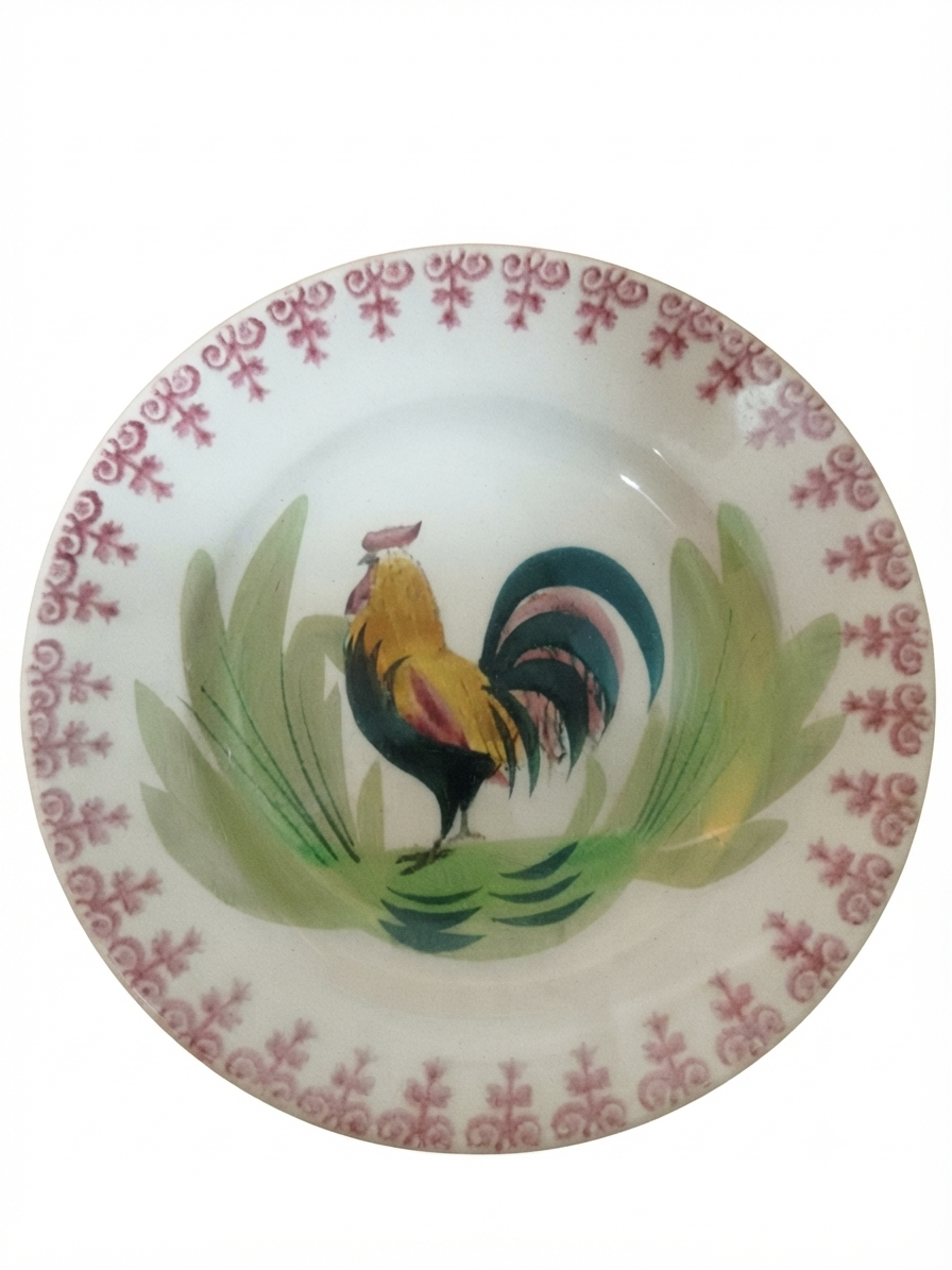 Assiette ancienne faïence Vieux Saint-Amand — Décor coq & frise rose (24 cm)