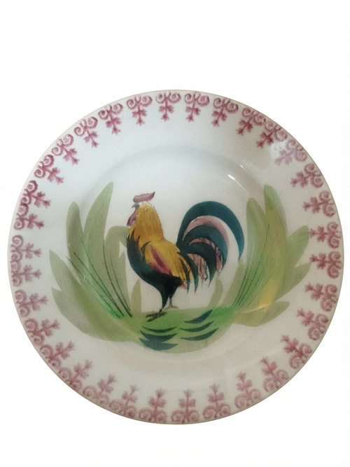 Assiette ancienne faïence Vieux Saint-Amand — Décor coq & frise rose (24 cm)