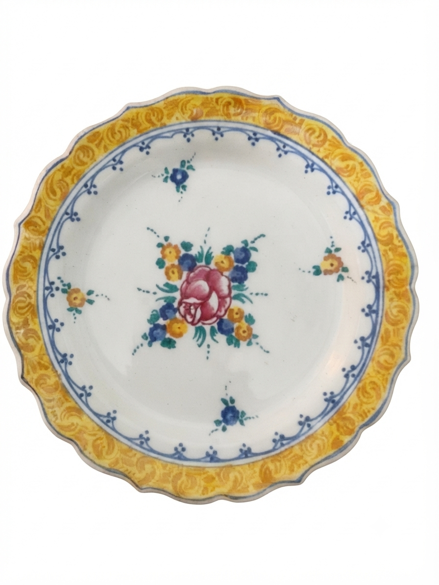 Grand plat de service ancien en faïence italienne motif floral et frise jaune (Ø 30 cm) - Réf. 208