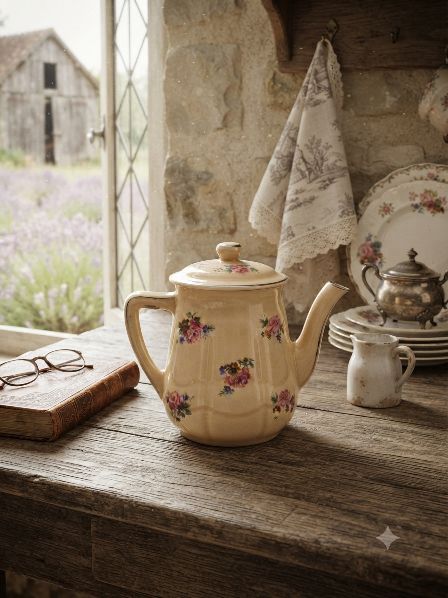 Petite cafetière ancienne en faïence crème et décor de roses rétro