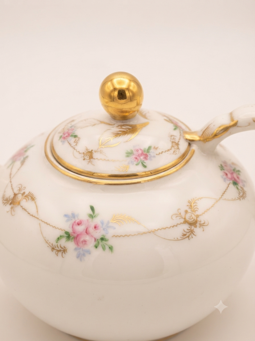 Service à thé vintage "Royal Crown Porcelain" – Rosées & Filets d'or (Théière & 2 tasses)