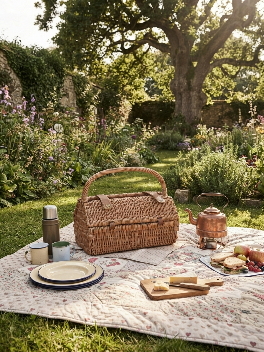 Panier de Pique-Nique Vintage en Osier et Cuir