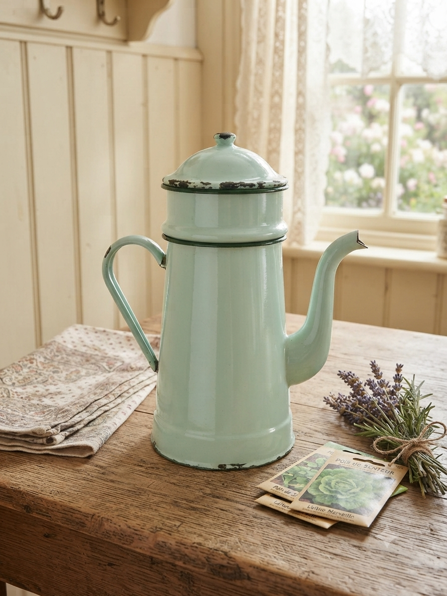 Grande cafetière ancienne en tôle émaillée bleu ciel pastel – Déco campagne cottage vintage