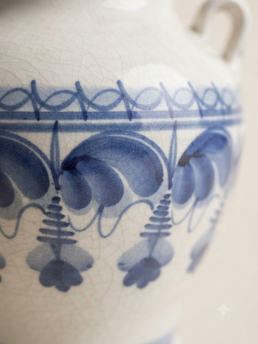 Pot ancien en faïence blanche & bleu du temps (20 cm) – Esprit Cottage