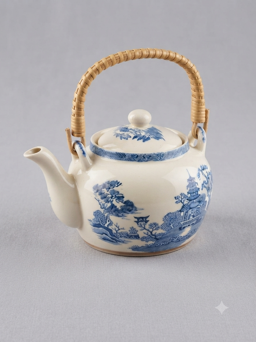Service à thé japonais vintage bleu & blanc – Pagodes et anse en osier (6 tasses)