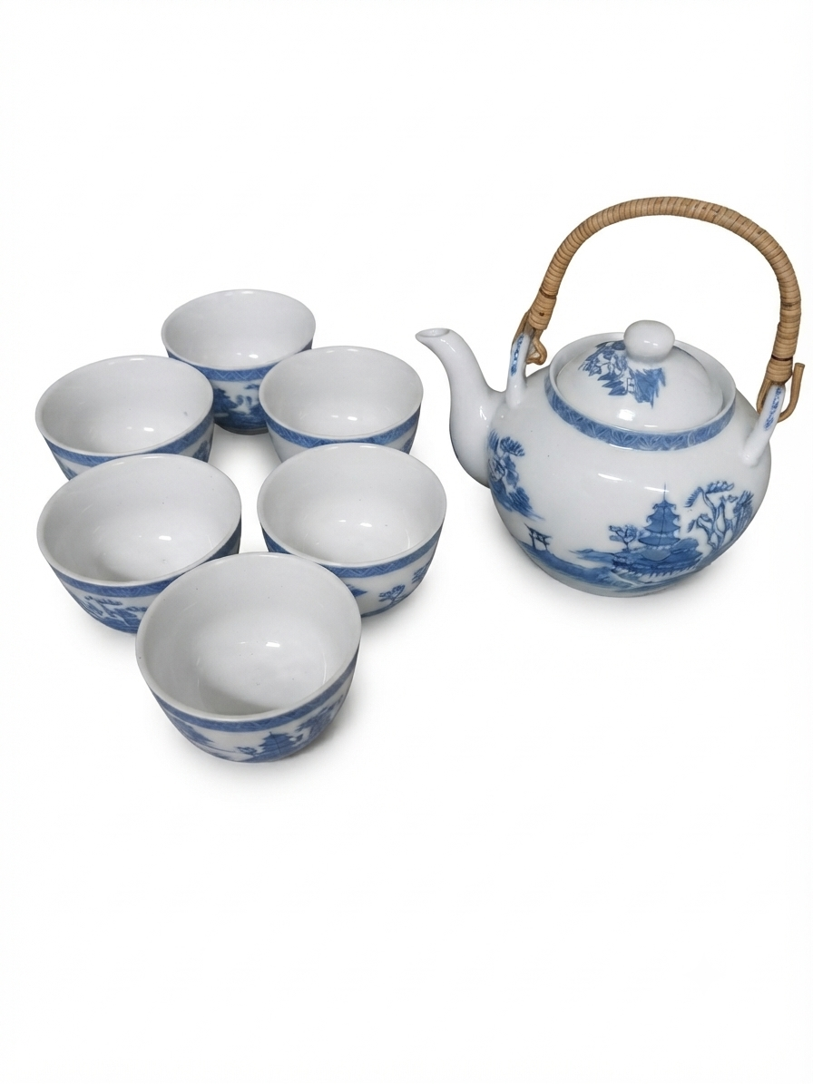 Service à thé japonais vintage bleu & blanc – Pagodes et anse en osier (6 tasses)