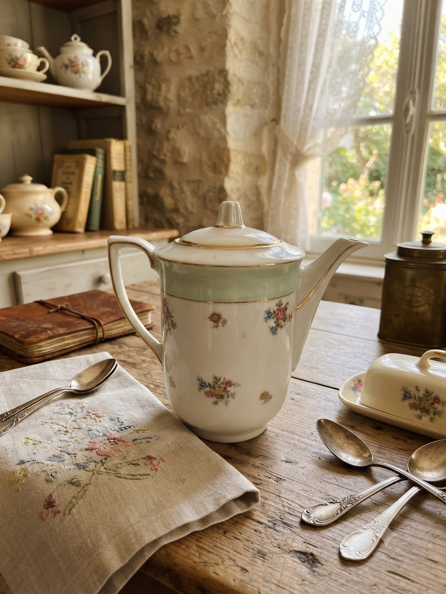 Charmante théière vintage en porcelaine opaque au décor floral et vert menthe