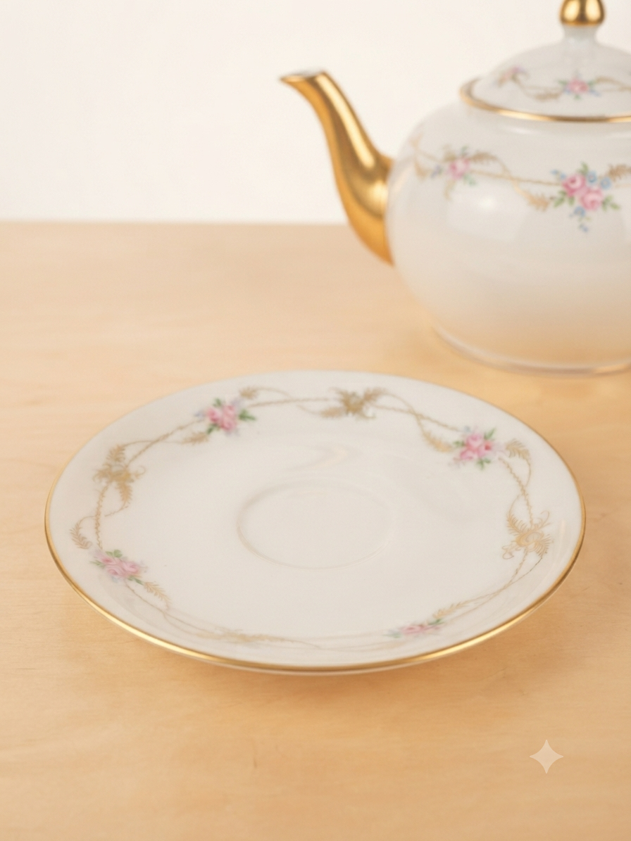 Service à thé vintage "Royal Crown Porcelain" – Rosées & Filets d'or (Théière & 2 tasses)