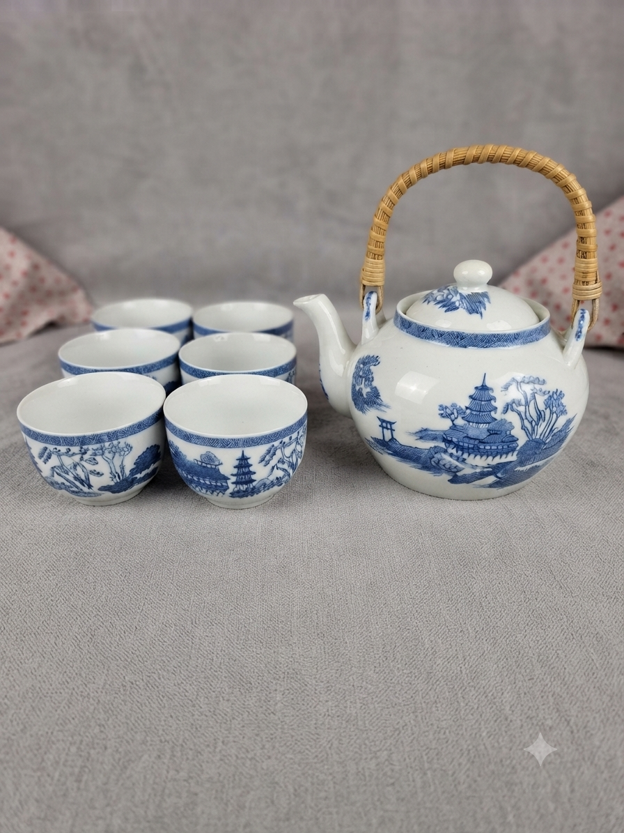 Service à thé japonais vintage bleu & blanc – Pagodes et anse en osier (6 tasses)