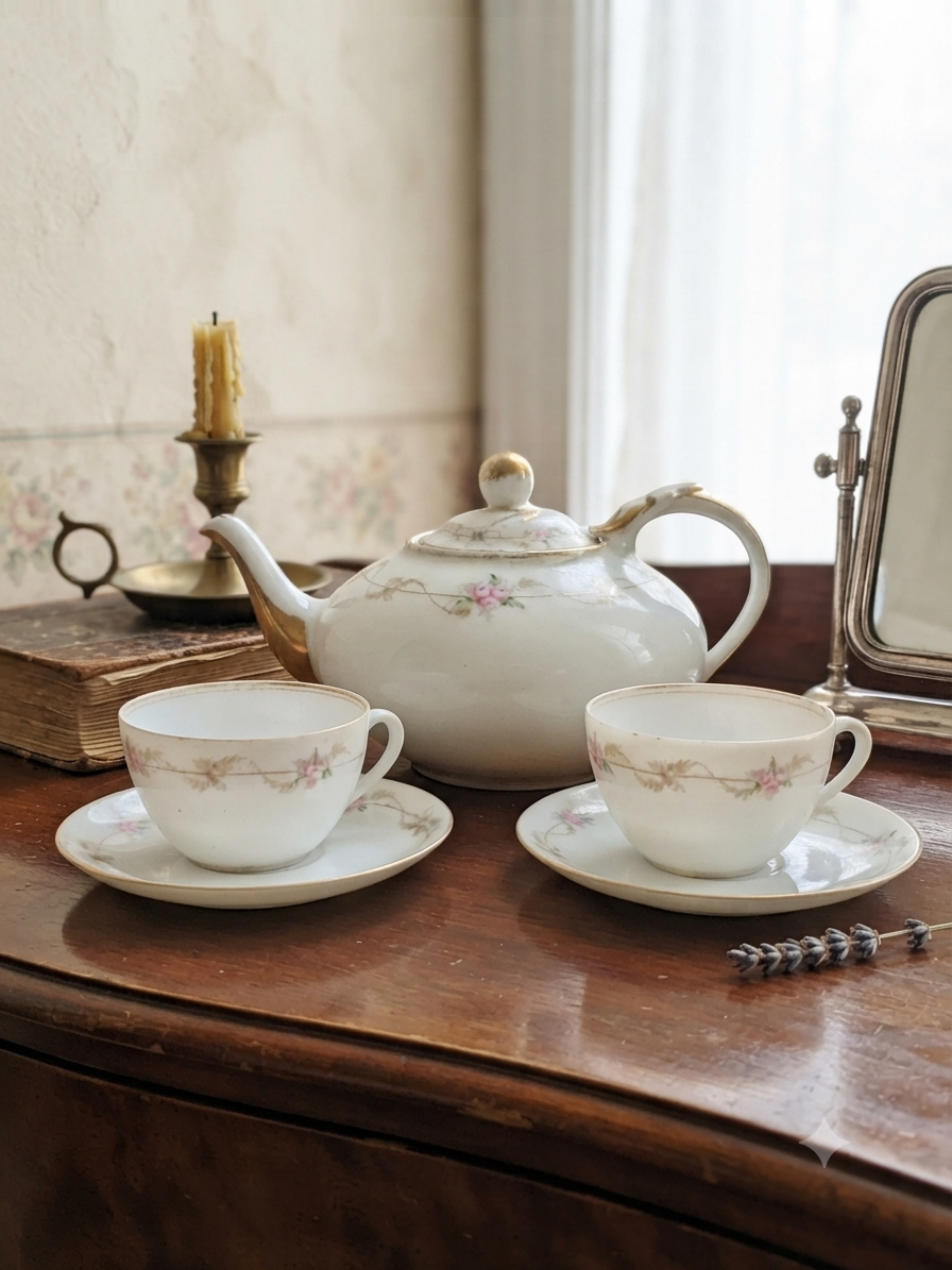 Service à thé vintage "Royal Crown Porcelain" – Rosées & Filets d'or (Théière & 2 tasses)