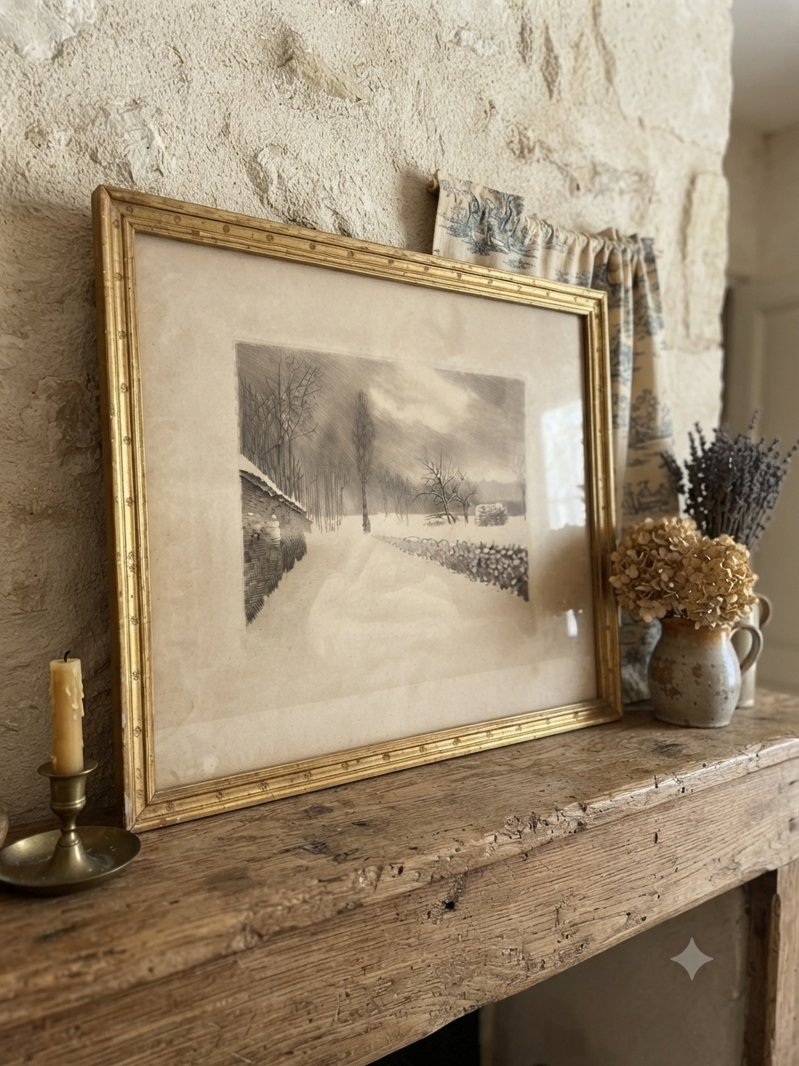 Petite Estampe Hivernale - Encadreur V. Querville Le Mans - Déco Cottage