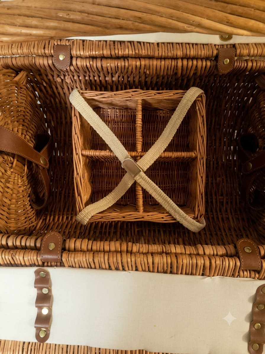 Panier de Pique-Nique Vintage en Osier et Cuir