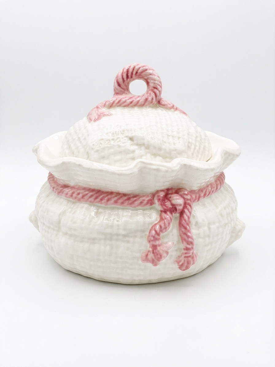 Pot / Bonbonnière en faïence vintage « Sac noué » rose et blanc – Made in Italy