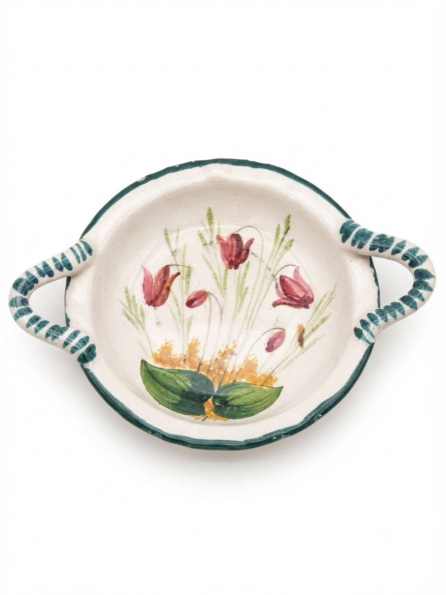 Style authentique : Ravier / Plat ancien en faïence liseré vert & bouquets de tulipes