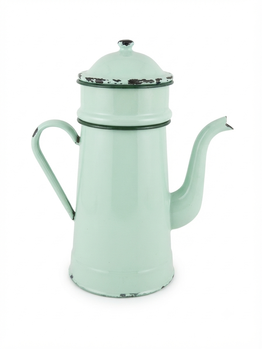 Grande cafetière ancienne en tôle émaillée bleu ciel pastel – Déco campagne cottage vintage